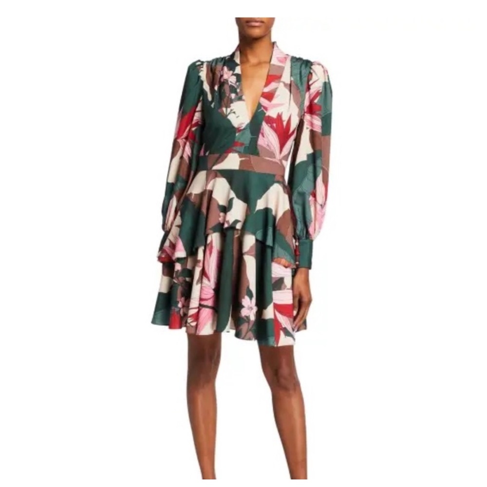 Floral V-Neck Long-Sleeve Mini Dress in Green and Pink
